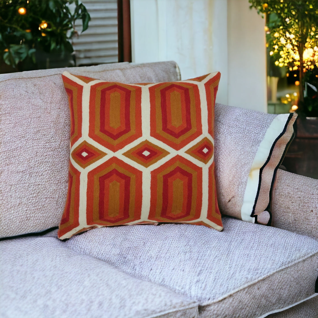 Orange Crewel Wool Cushion Cover