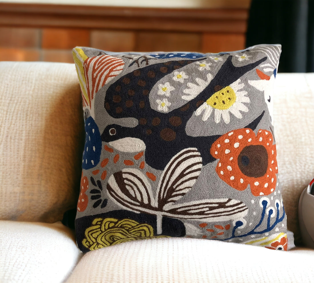 Handcrafted Bird Crewel Cushion Cover