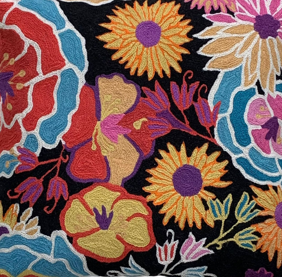 Black Flower Crewel Cushion Cover