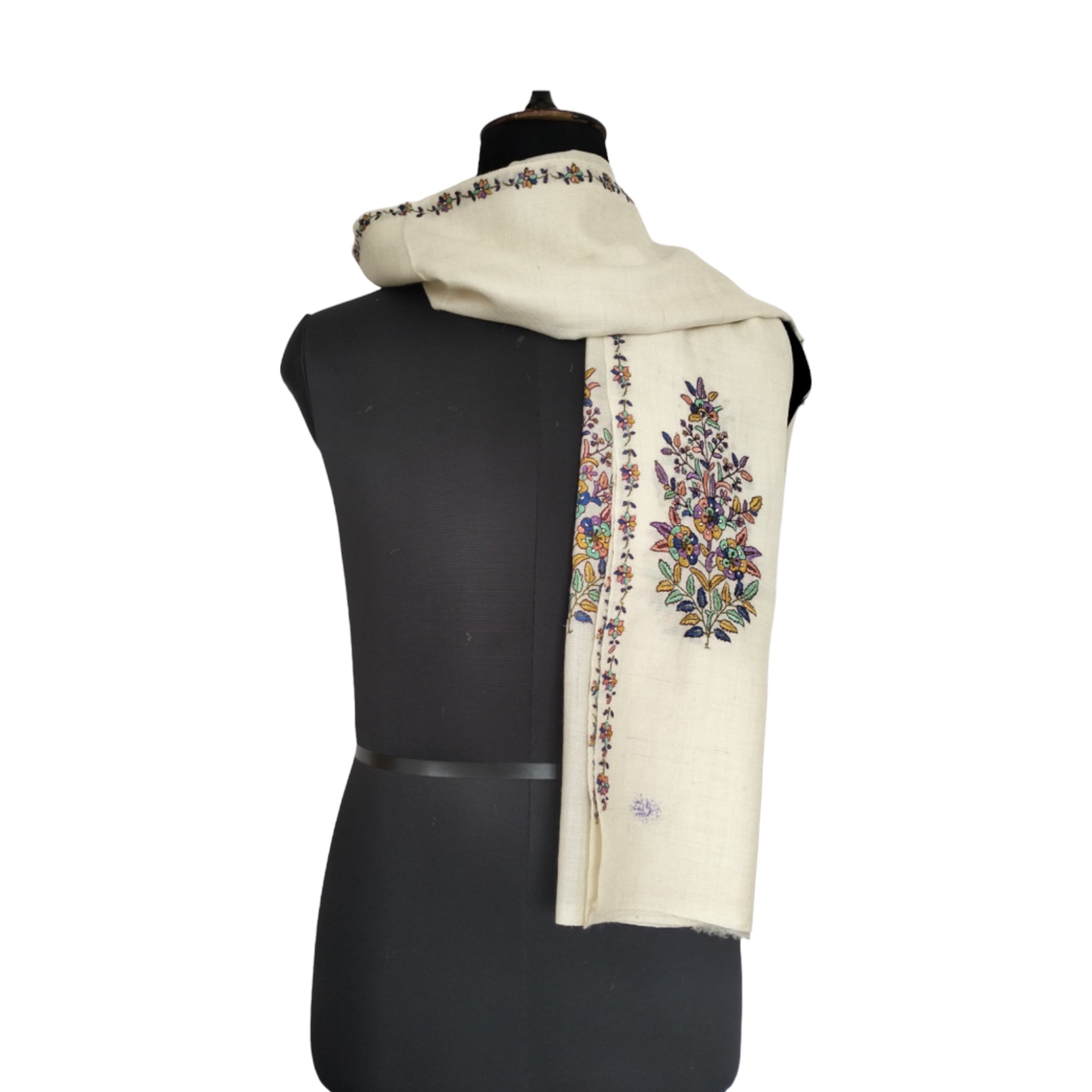 Hand Embroidered White Floral Pashmina