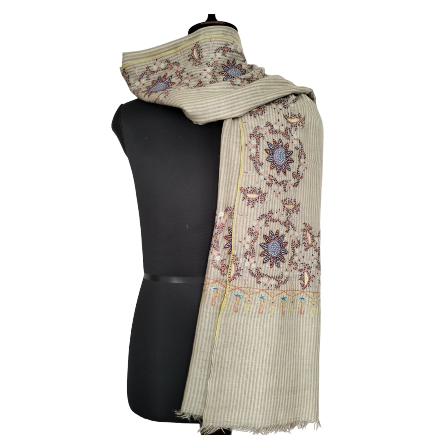 Handmade Kashmiri White &amp; Tan Pashmina