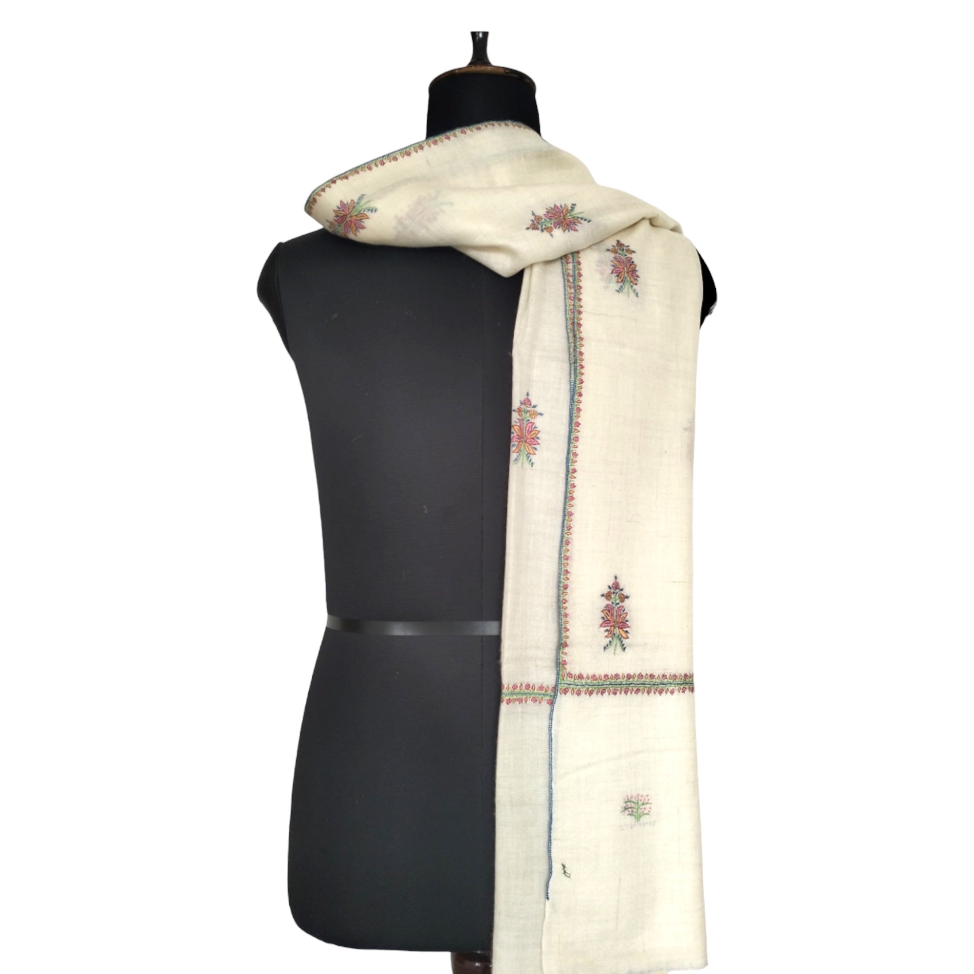 Hand Embroidered Natural White Kashmir Pashmina