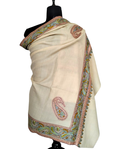 Beige Paisley Embroidered Pashmina