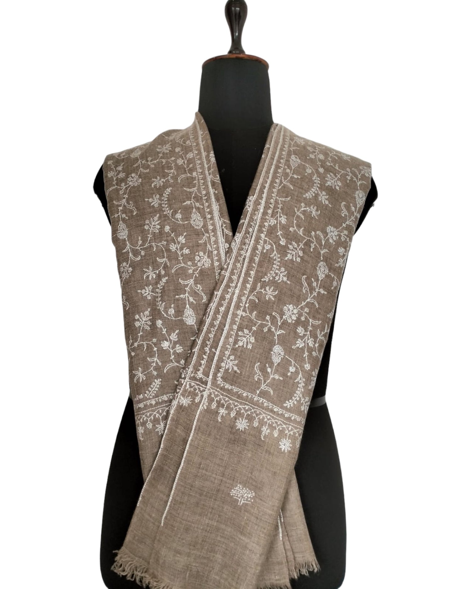 White Embroidered Beige Pashmina