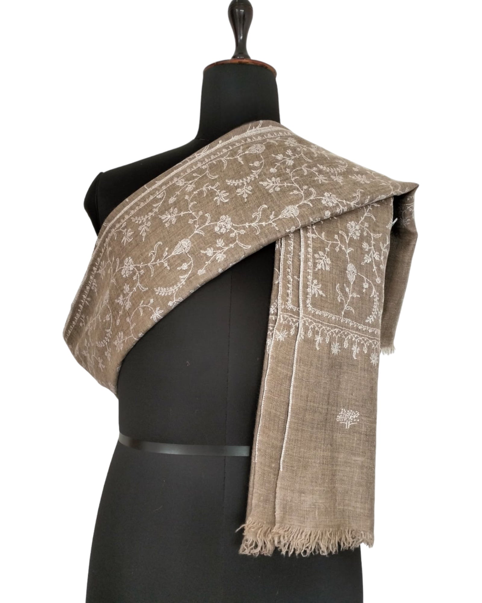 White Embroidered Beige Pashmina