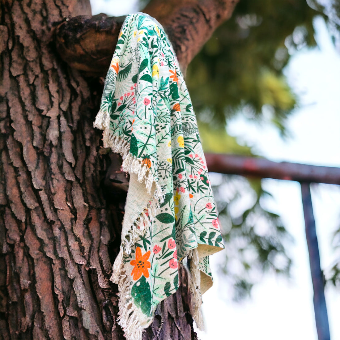 Natural Cotton Green Digital Print Sofa Throw