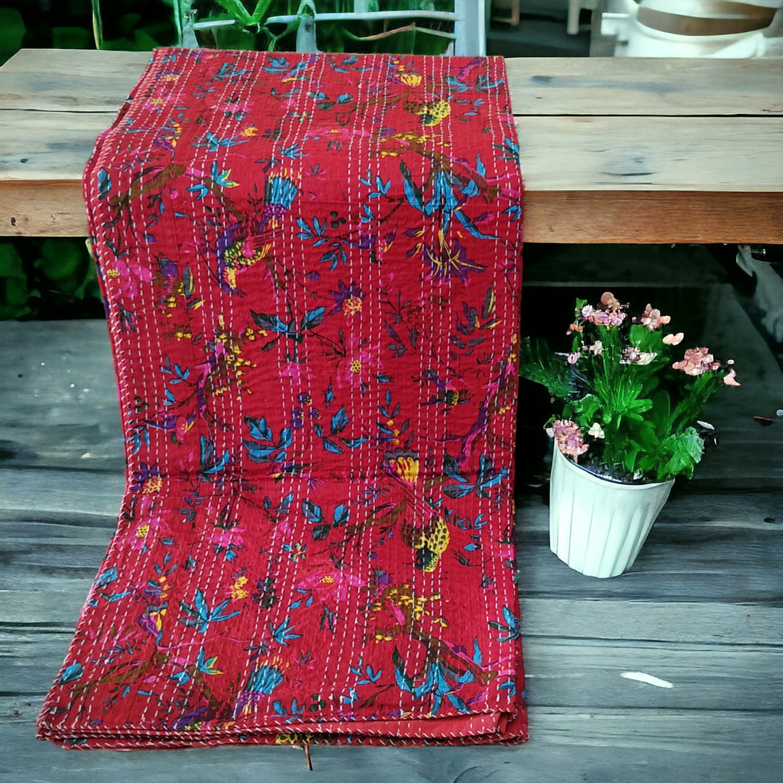 Red Embroidered Cotton Kantha Blanket