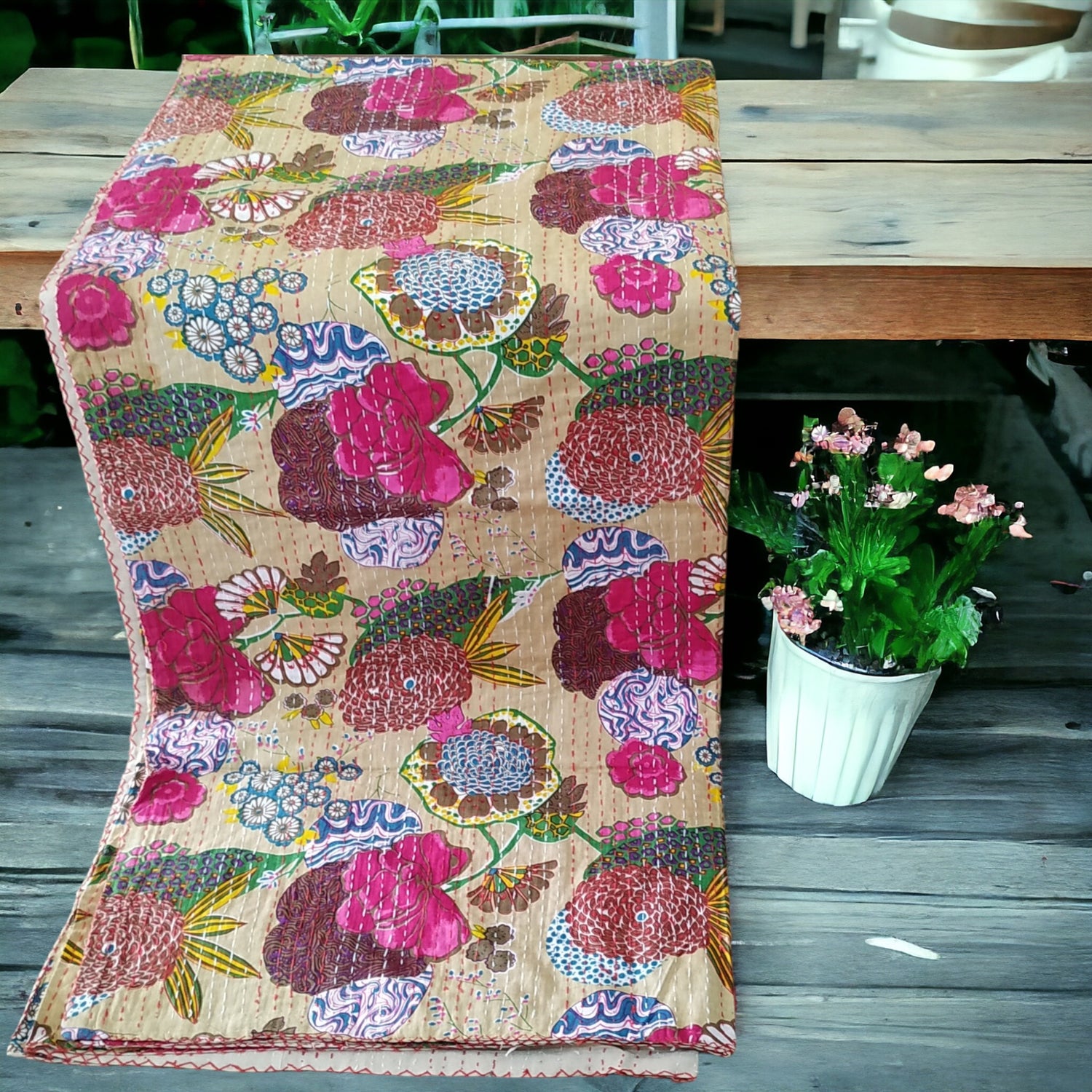 Pink Flower Cotton Embroidered Kantha Blanket