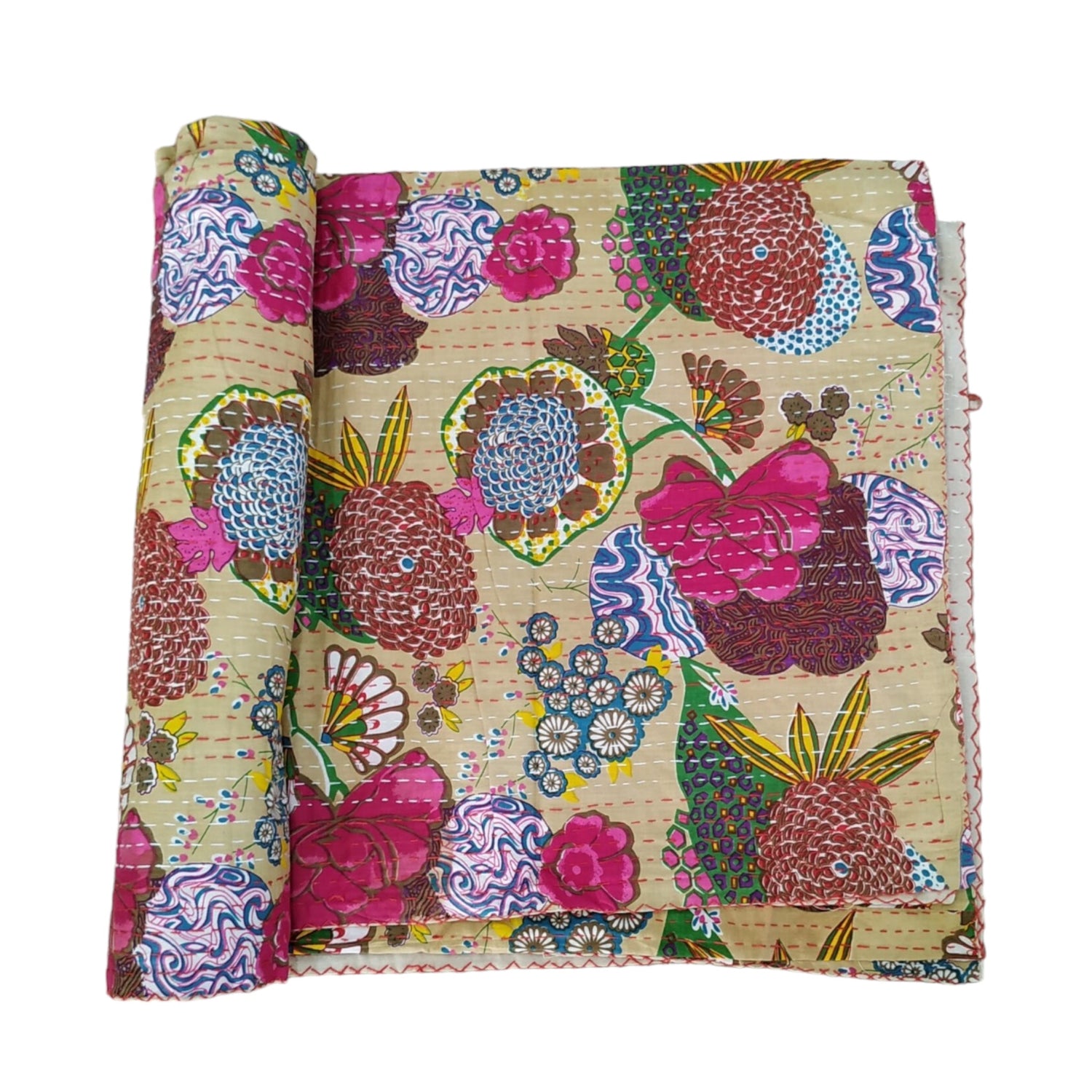 Pink Flower Cotton Embroidered Kantha Blanket