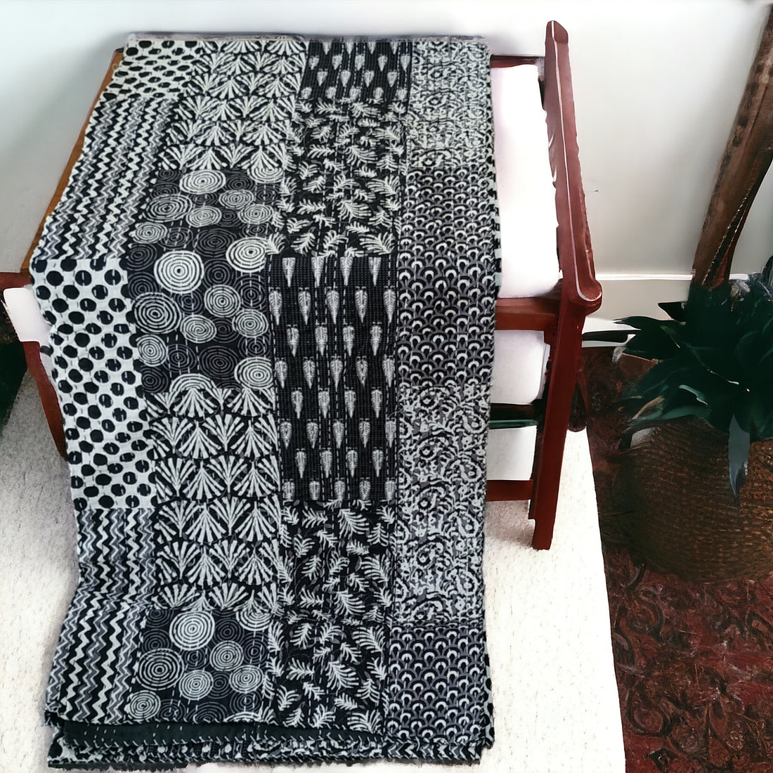 Black Cotton Embroidered Kantha Blanket