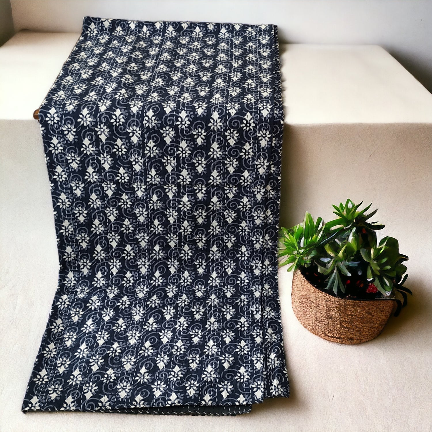 Navy Blue Cotton Embroidered Kantha Blanket