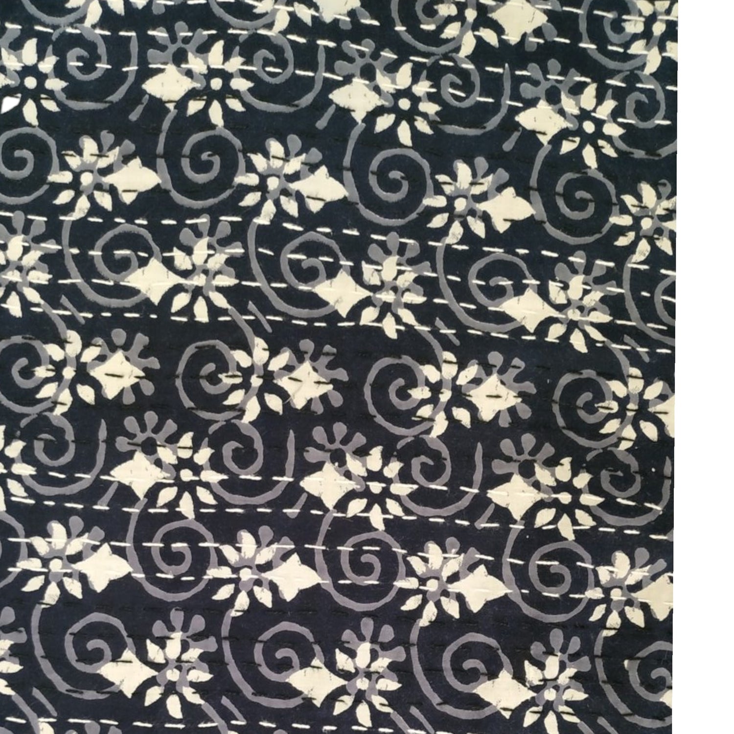 Navy Blue Cotton Embroidered Kantha Blanket