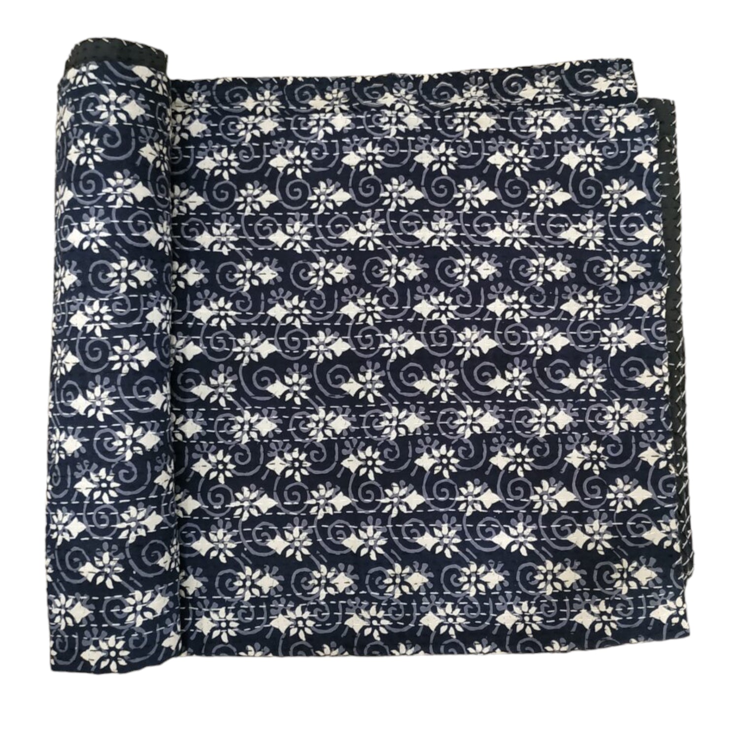 Navy Blue Cotton Embroidered Kantha Blanket