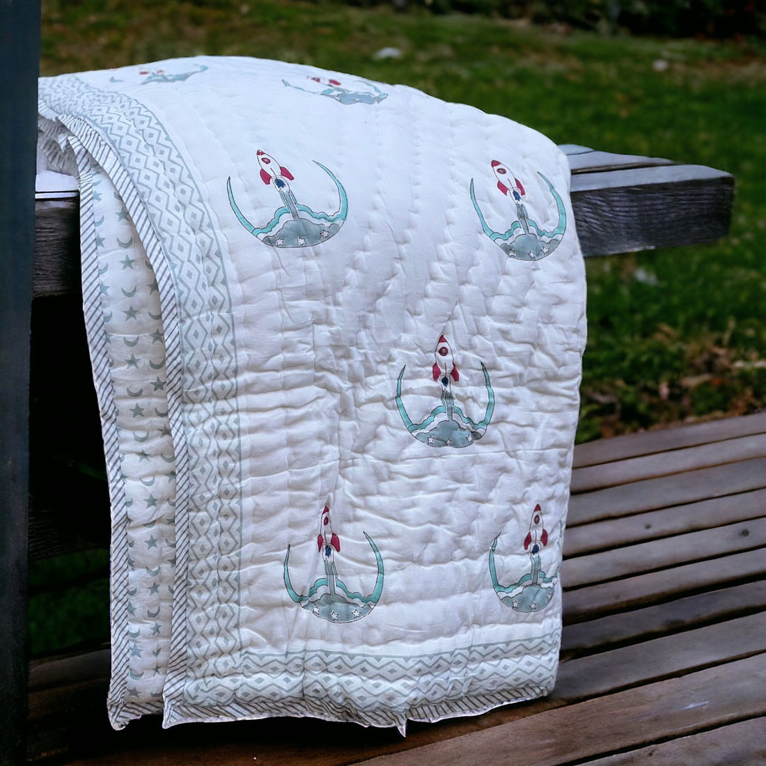 Lightweight Handblock Rocket reversible Baby Quilt