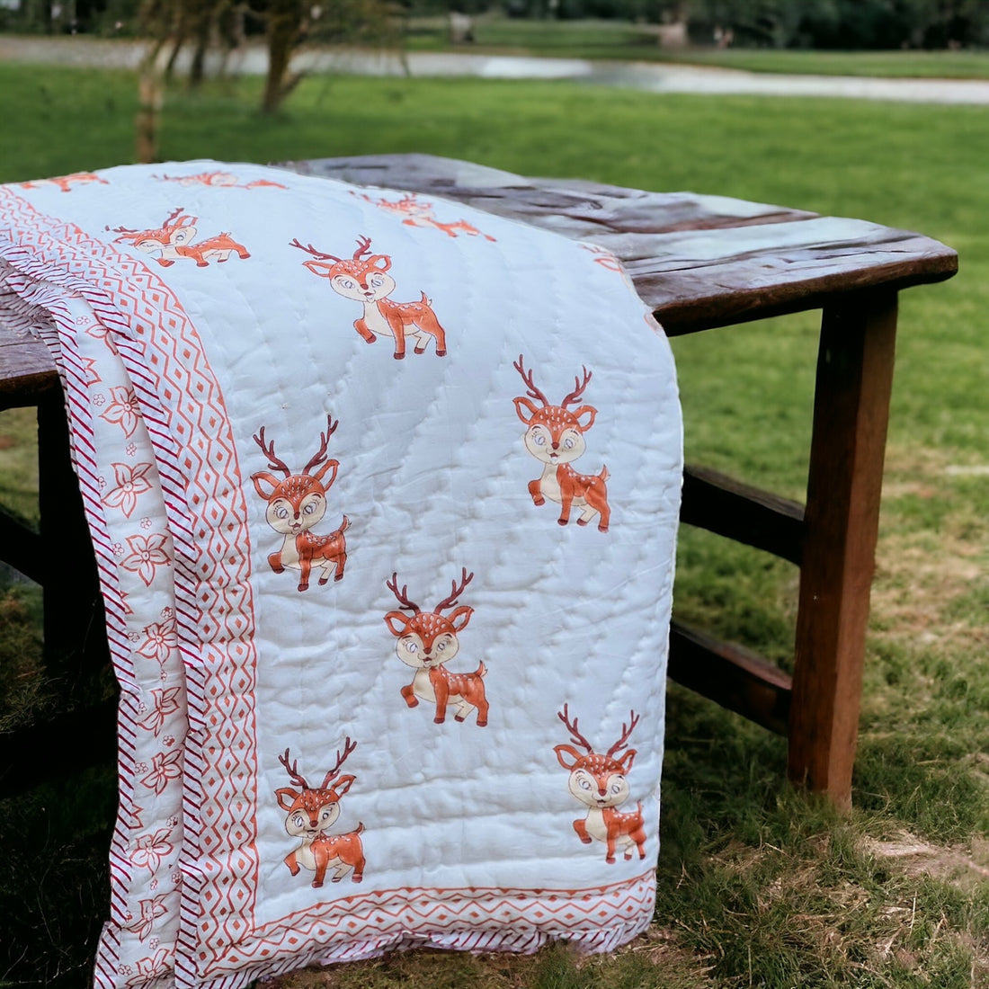 Lightweight Handblock Reindeer Print Reversible Baby Quilt