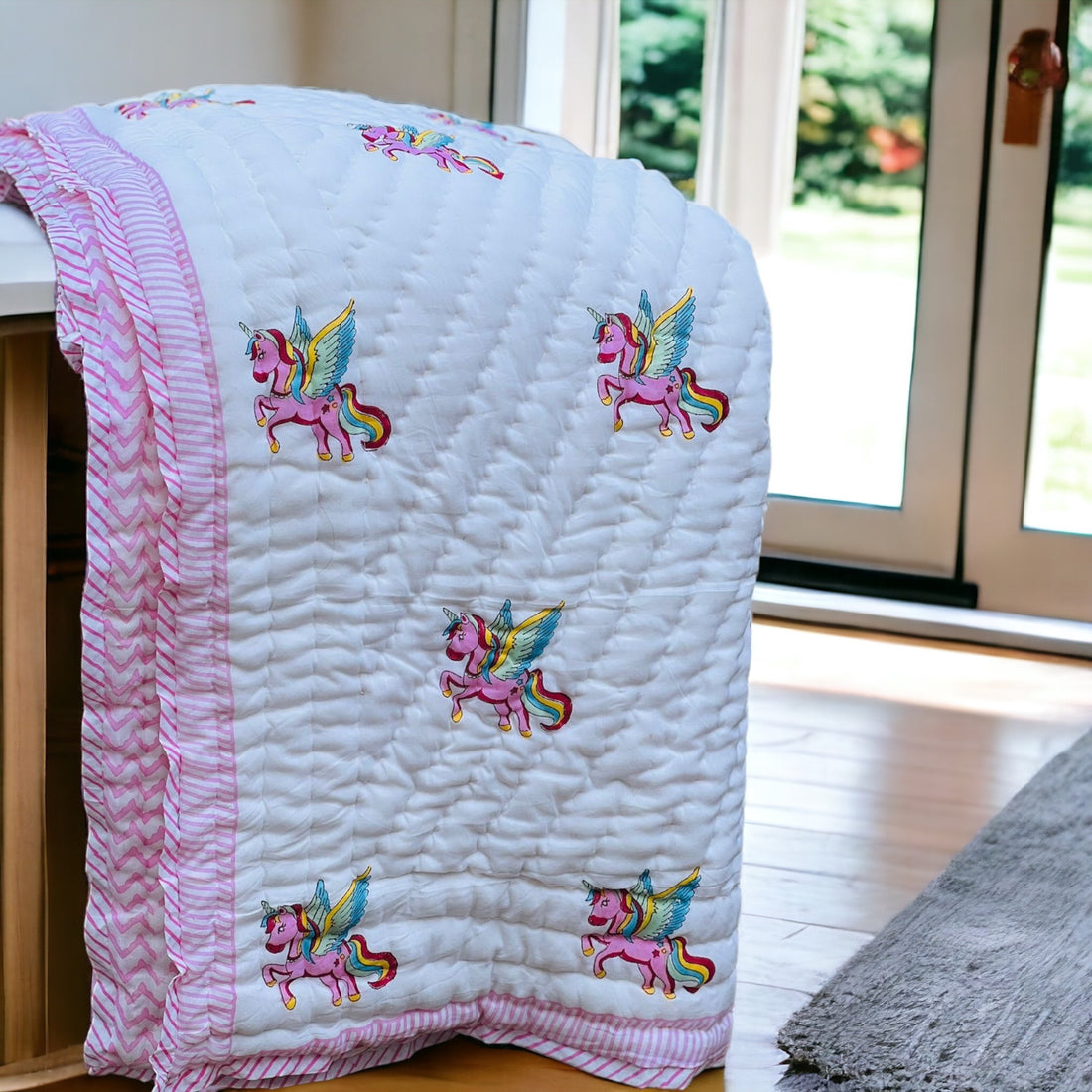 Lightweight Handblock Unicorn Print Reversible Baby Quilt