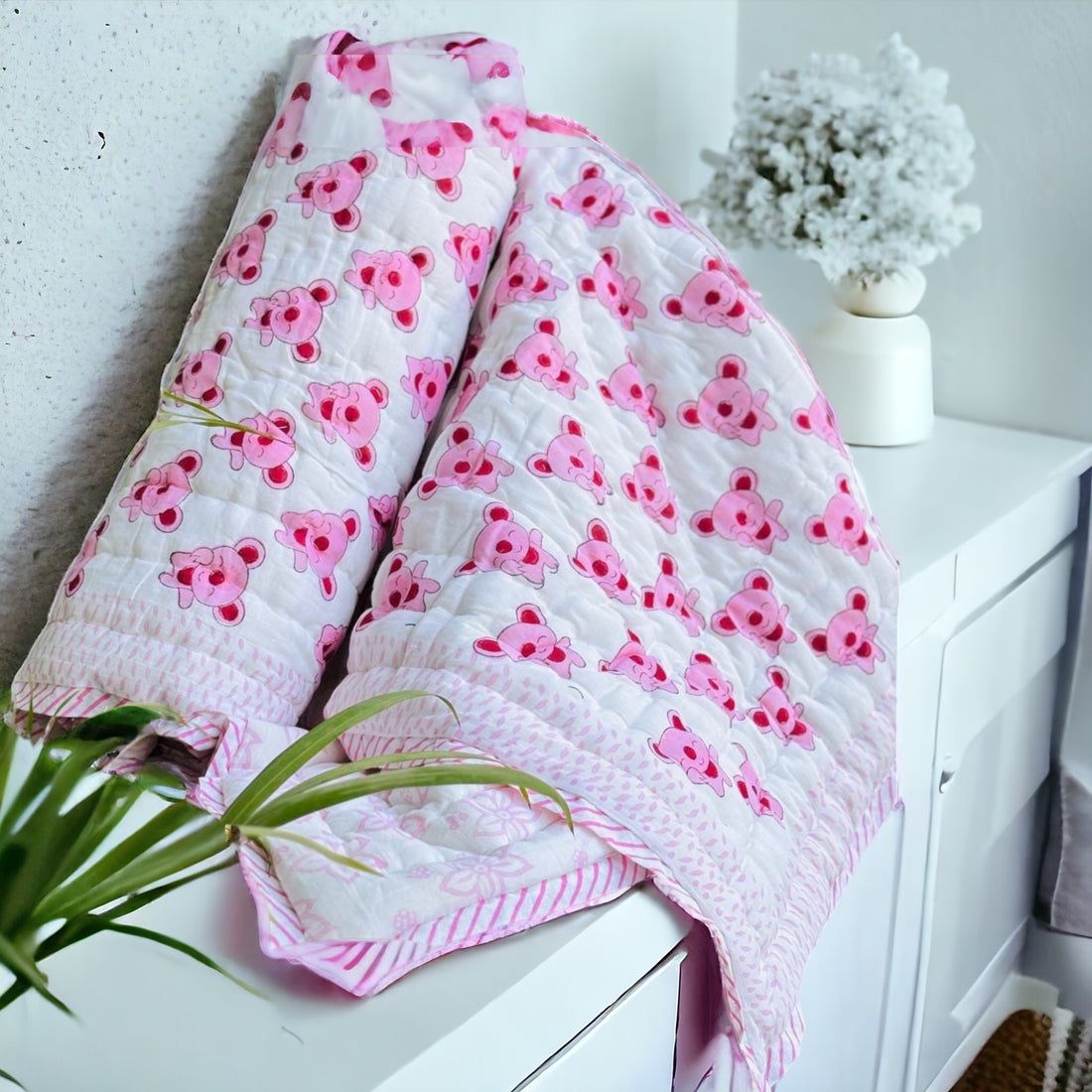 Lightweight Handblock Pink Print Reversible Baby Quilt