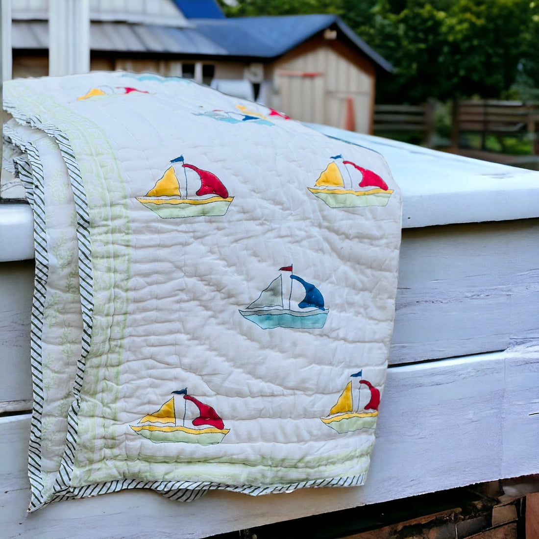 Lightweight Handblock Boat Print Reversible Baby Quilt