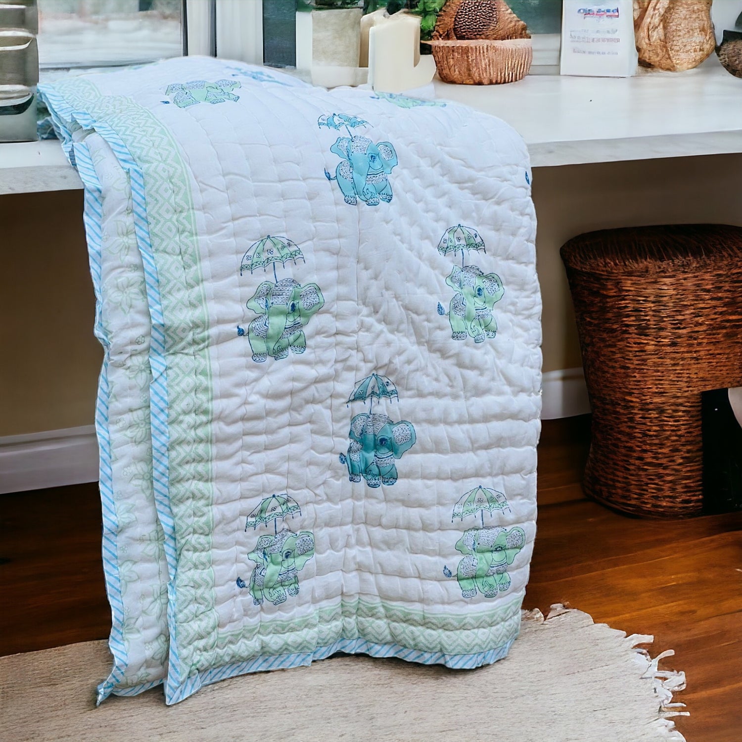 Lightweight Handblock Blue Elephant Print Reversible Baby Quilt