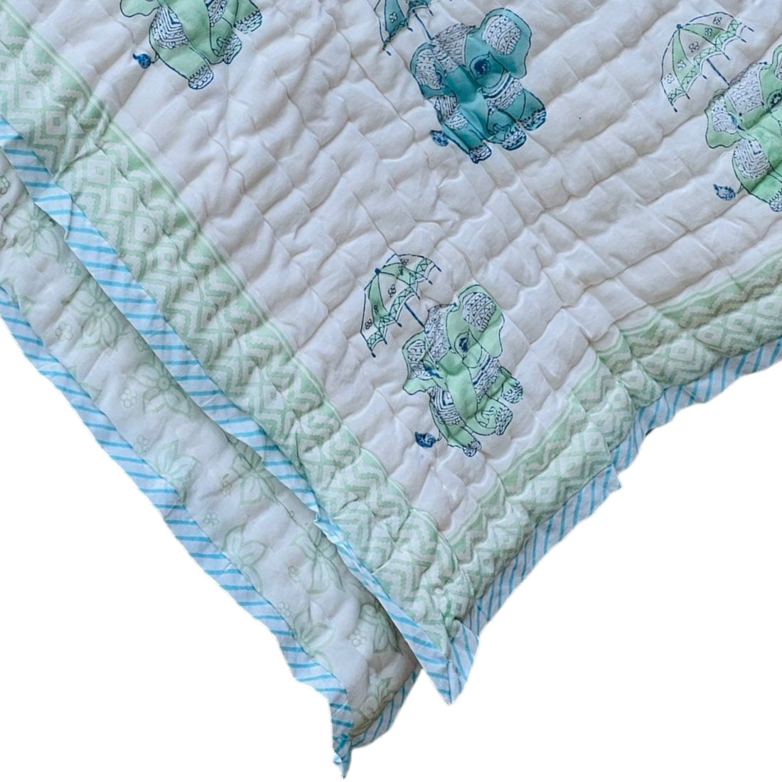 Lightweight Handblock Blue Elephant Print Reversible Baby Quilt