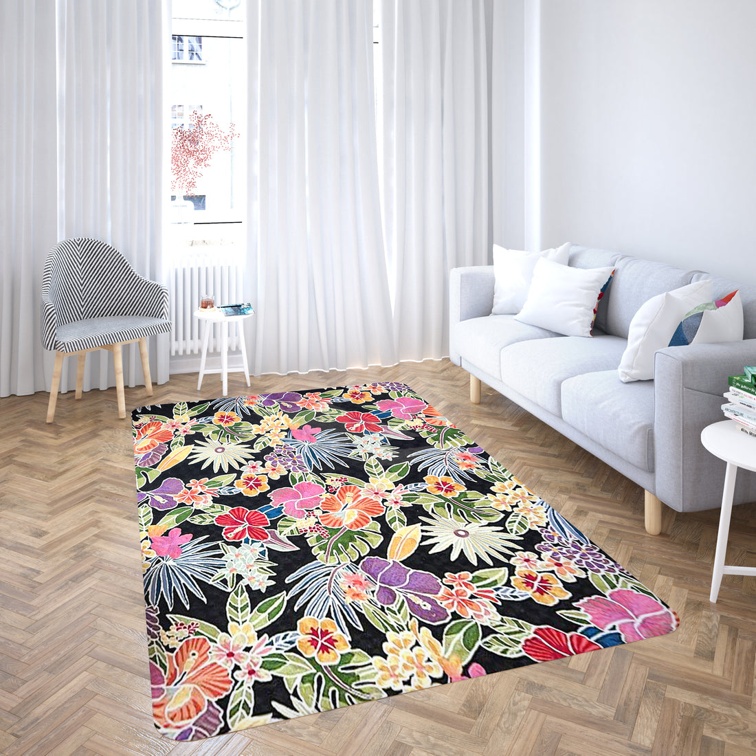 Black Floral Crewel Wool Chainstitch Rugs