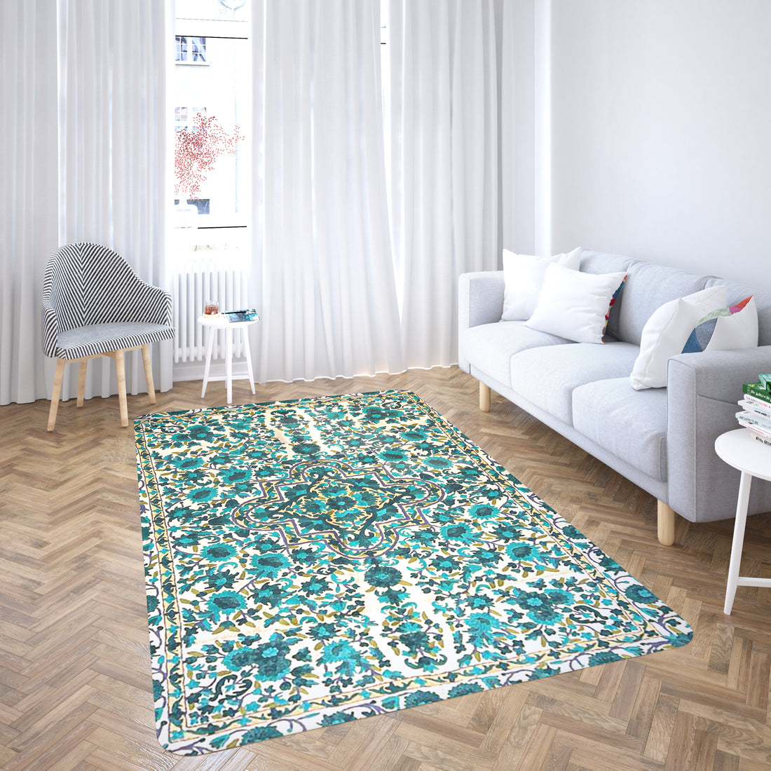 White Teal Crewel Wool Chainstitch Rug