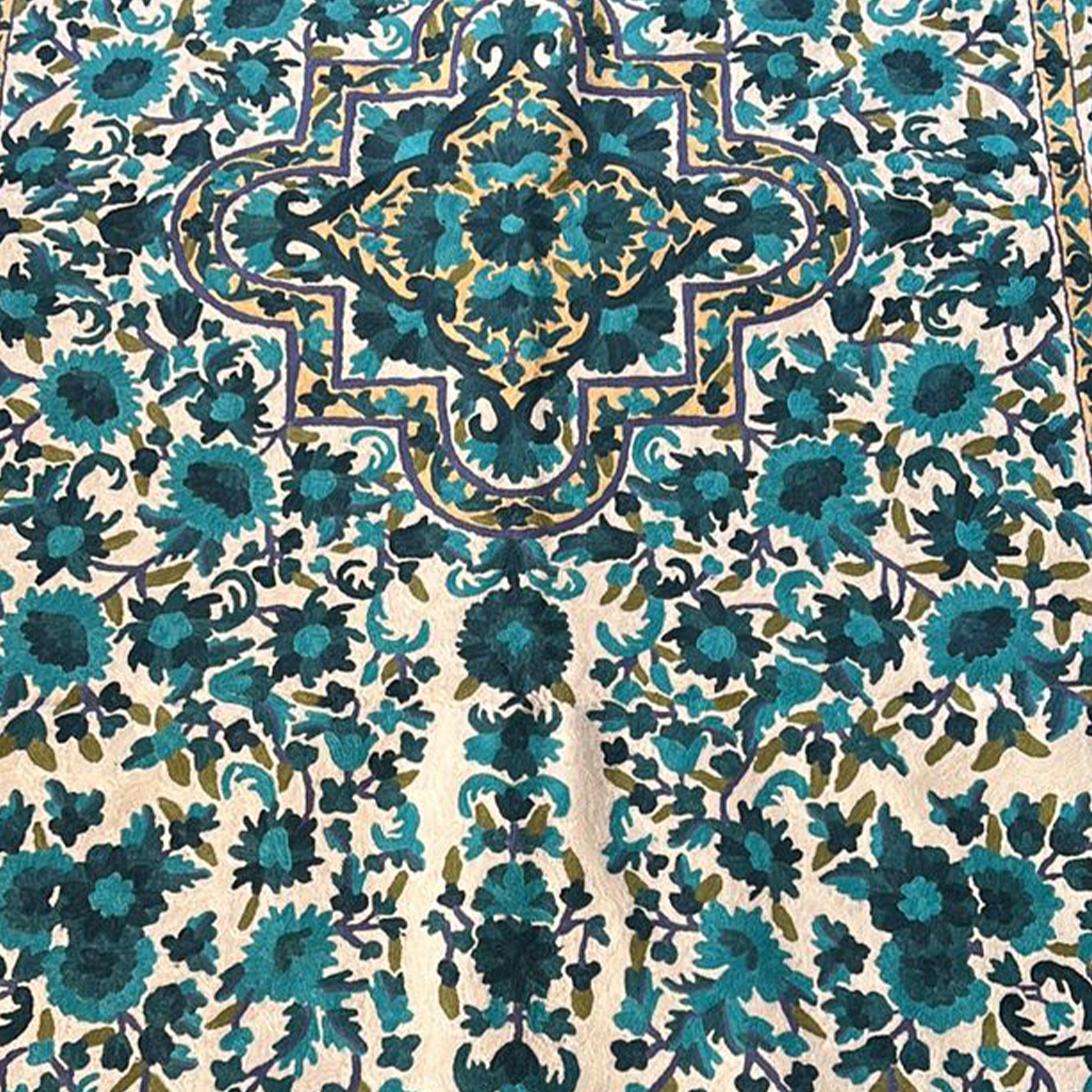 White Teal Crewel Wool Chainstitch Rug