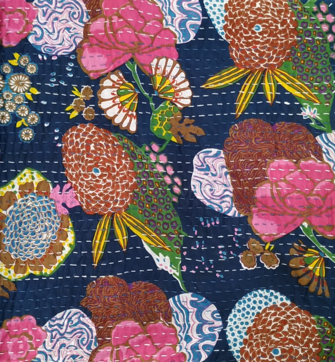 Blue Garden Cotton Embroidered Kantha Blanket