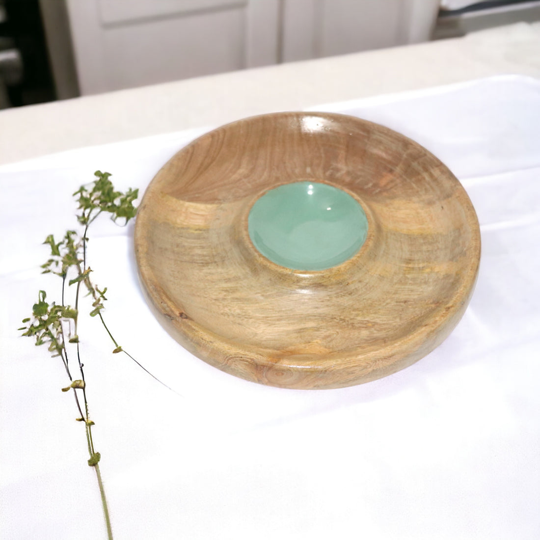 Round Wooden Platter with Enamel