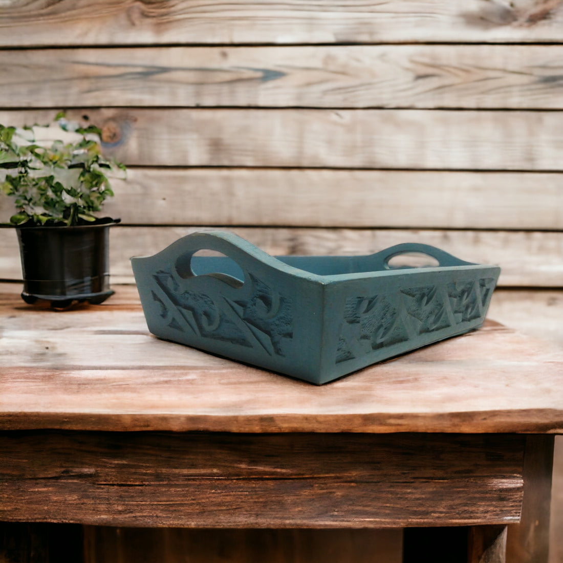 Wooden Carved Blue Big Tray