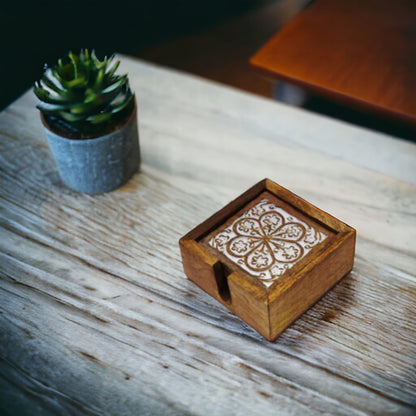 Carved Wooden White Coaster Set