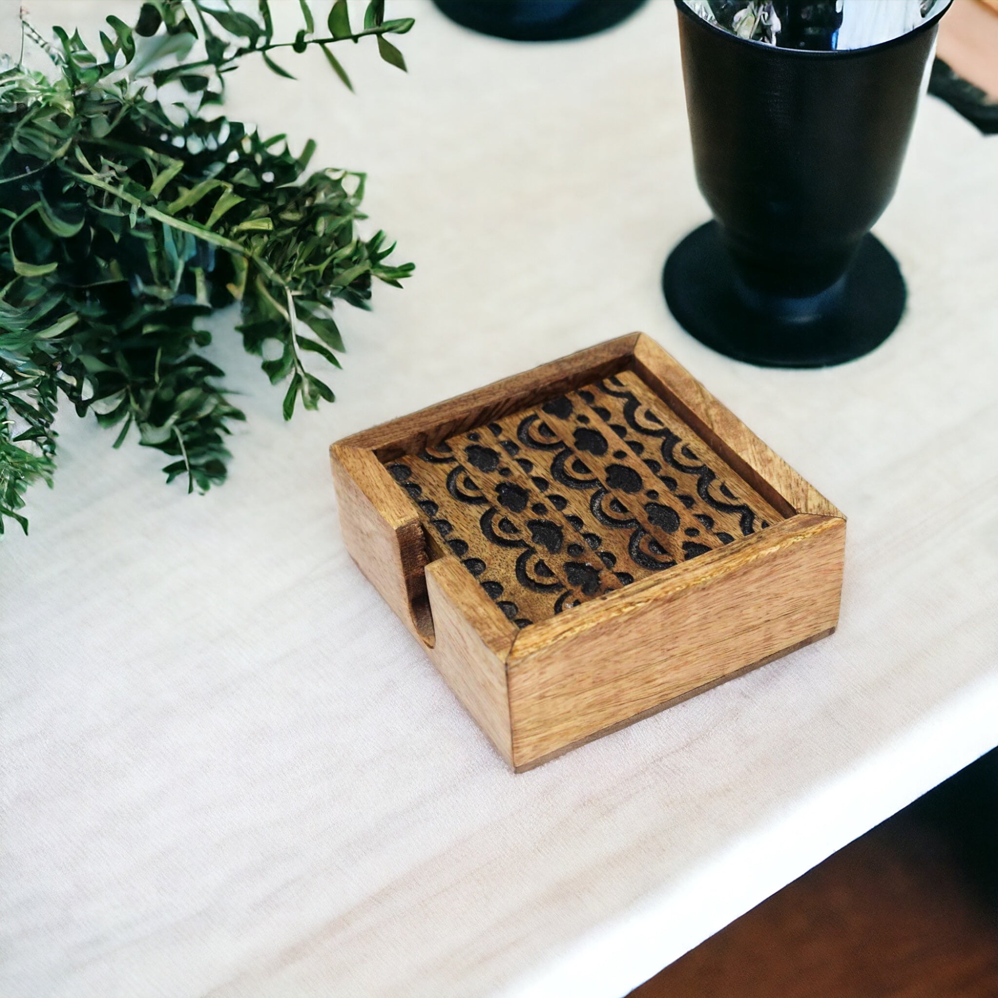 Carved Wooden Black Coaster Set