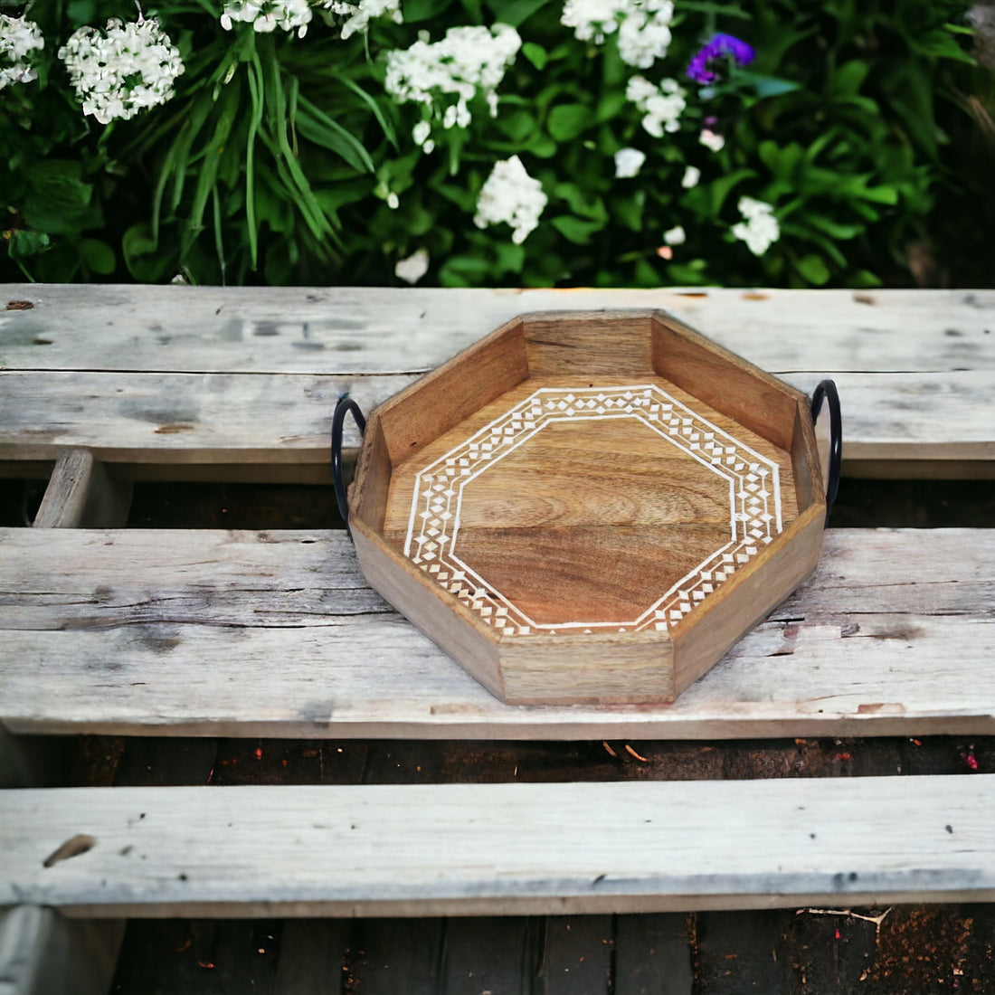 Wooden Carved Hexagon Tray with Metal handle