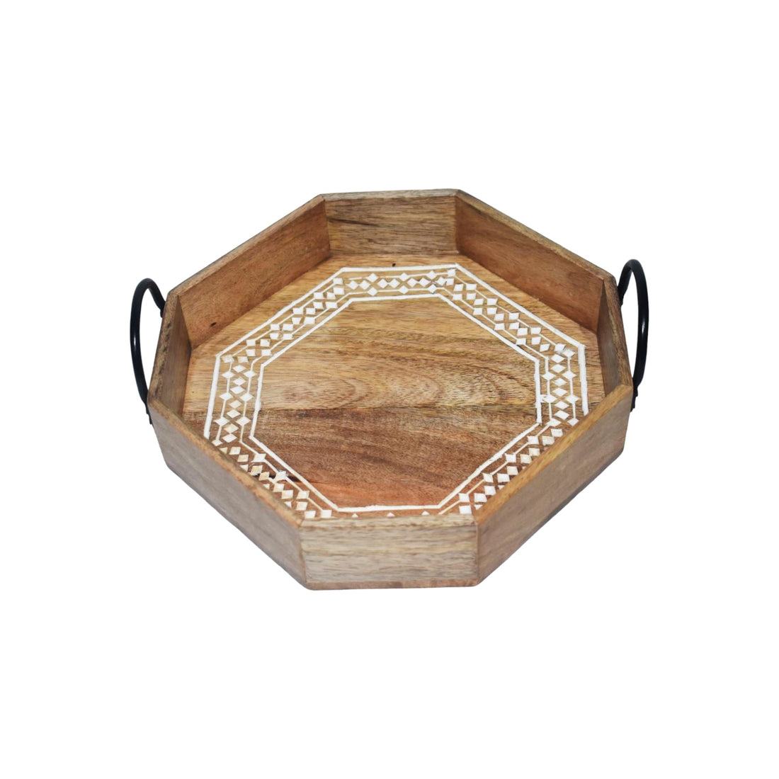 Wooden Carved Hexagon Tray with Metal handle