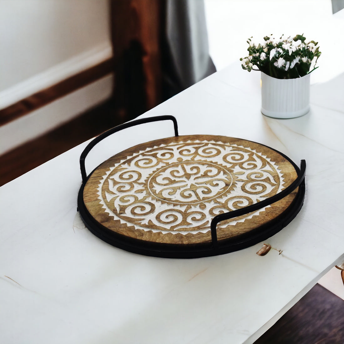 Round Wooden Tray with Handle