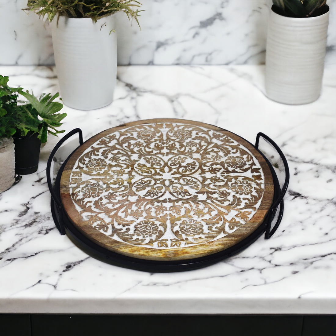 Round Wooden Carved Tray with Metal Handle