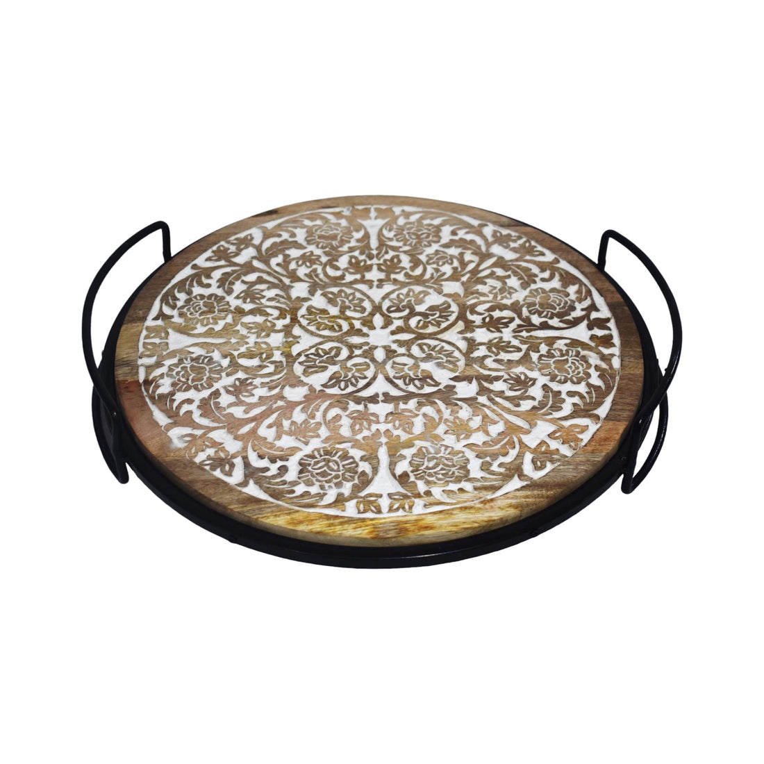 Round Wooden Carved Tray with Metal Handle