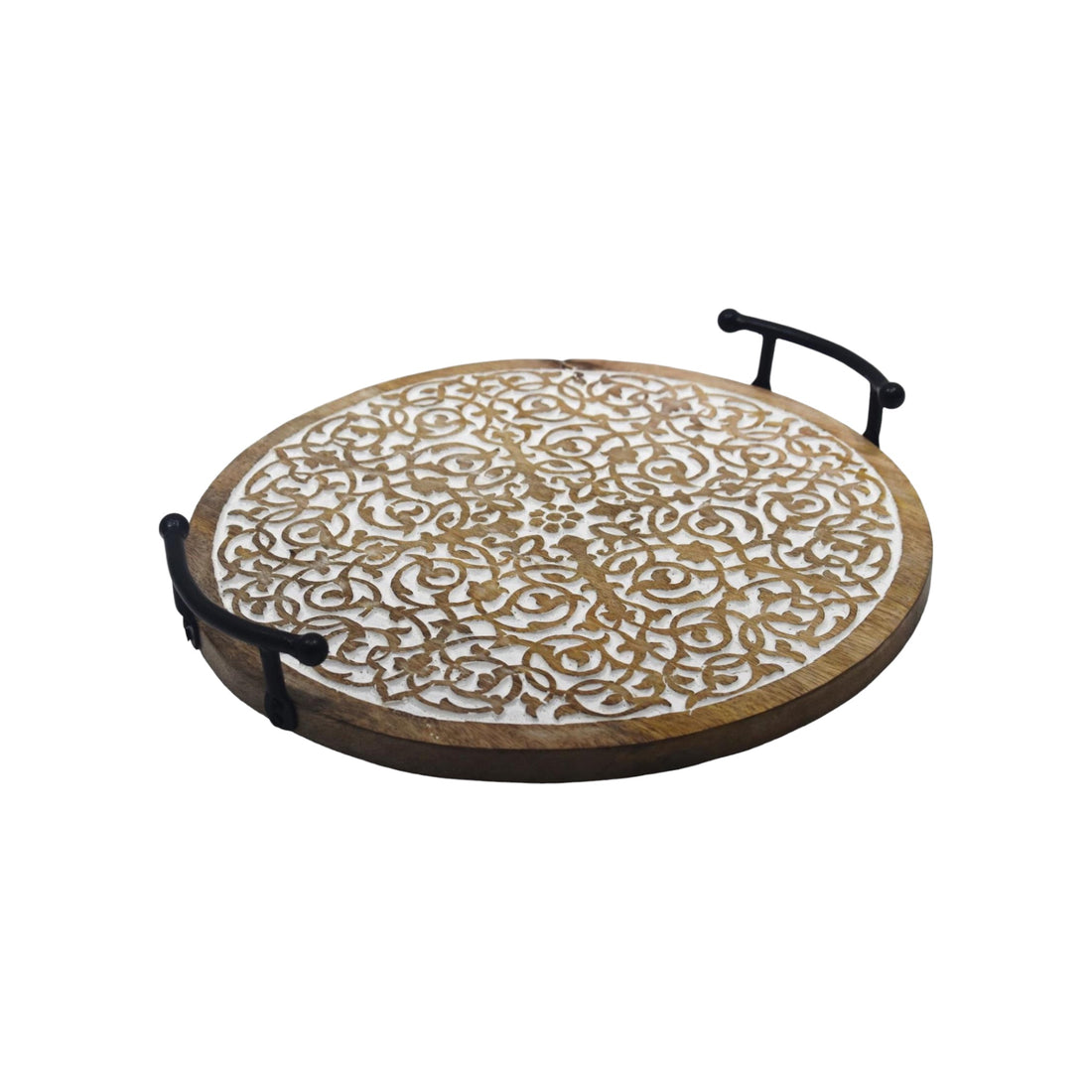 Wooden Round Carved Tray with Metal Handle