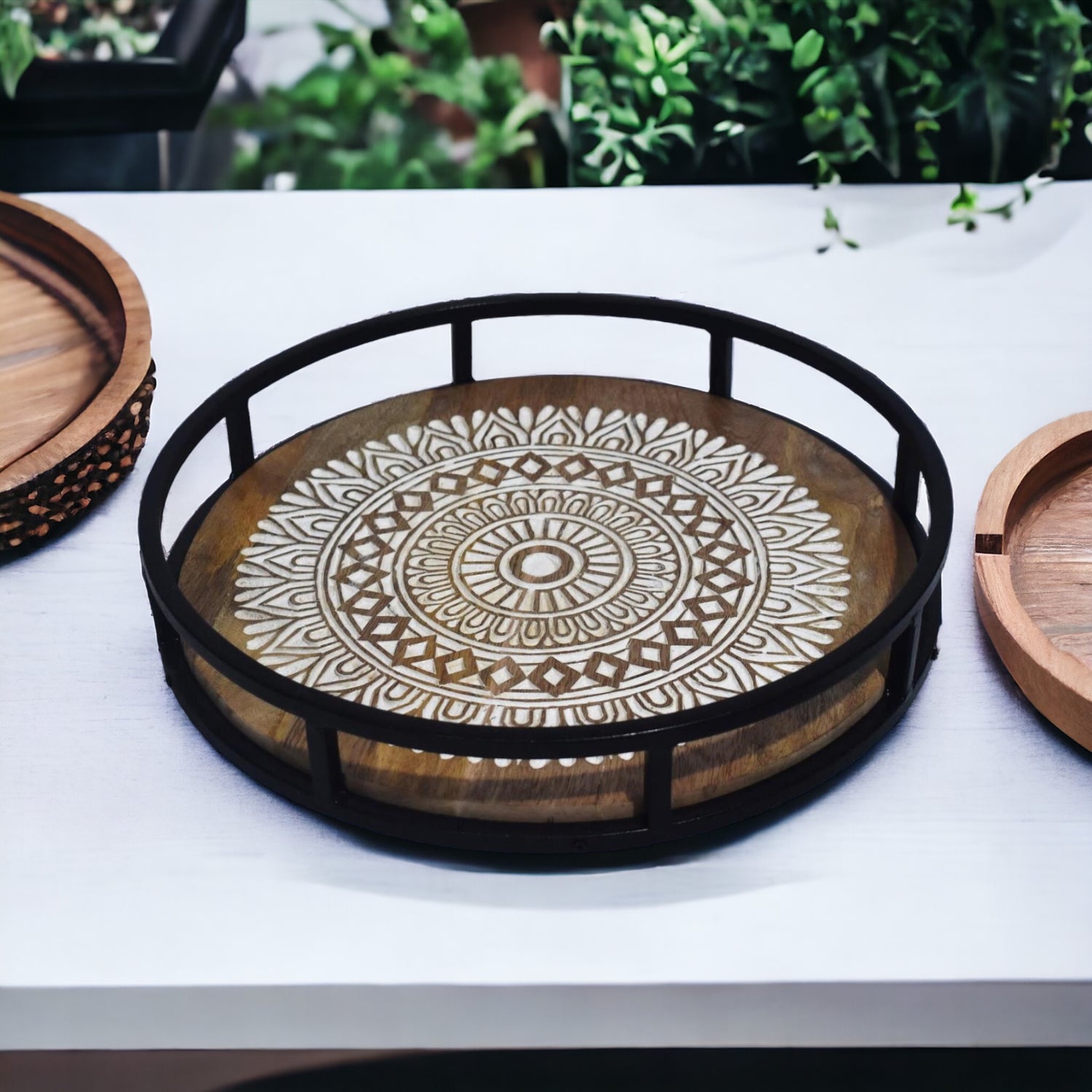 Wooden Intricate design Tray with Handle