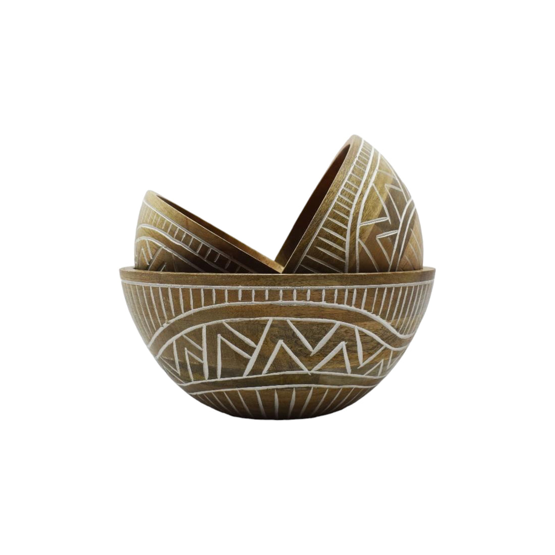 Wooden Zigzag Carved Bowl Set of 3