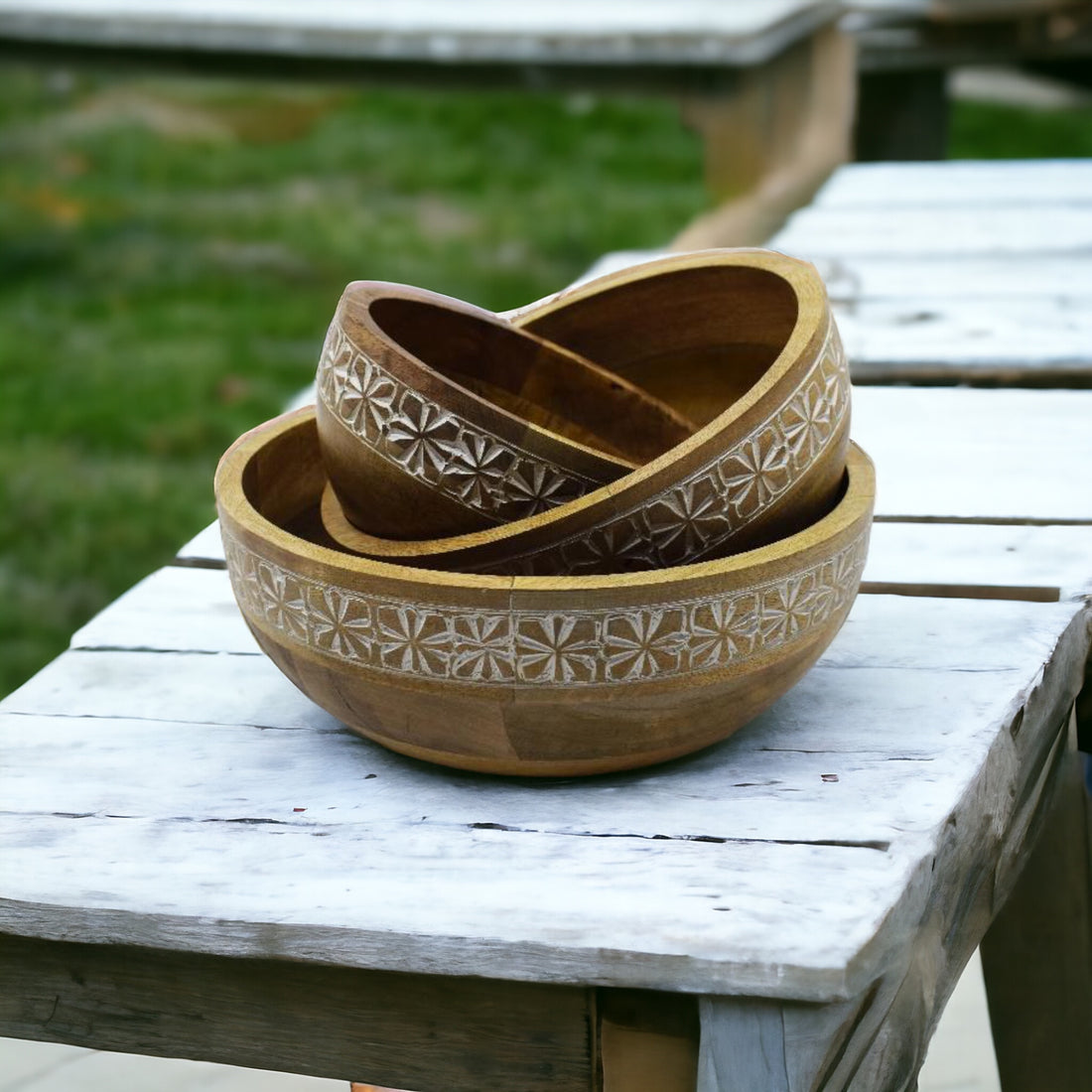 Mango Wood Carved Bowl Set of 3